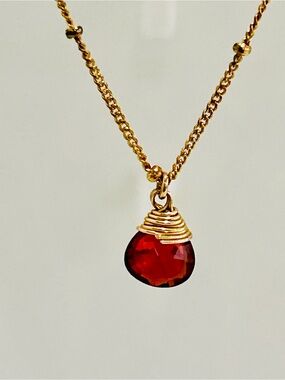 Garnet Solitaire Necklace Satellite Station Bead Chain 925 Goldtone Ring Clasp